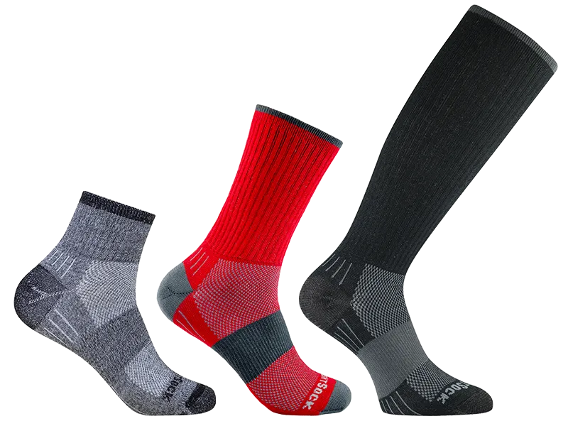 escape-bundle Drei unterschiedlich hohe doppellagige Socken des Modells Escape in drei Farben